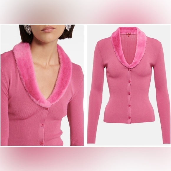 New! STAUD 💗 Celina Faux Fur Collar Rib Knit Top In Lollipop 💗 XS! SALE! - Picture 2 of 14